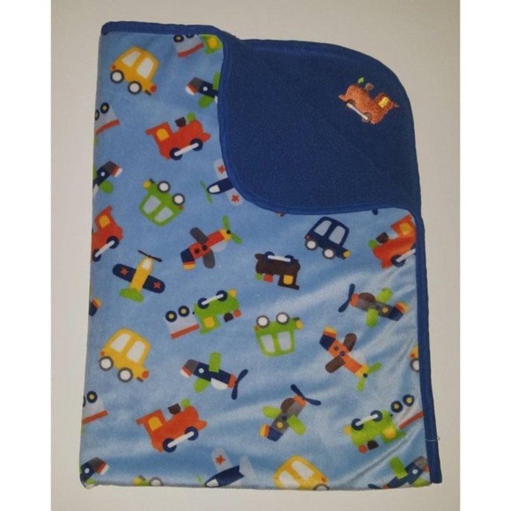 Tiddliwinks Blue Fleece Baby Blanket Lovey Trains Airplanes Cars Vehicles 30x40